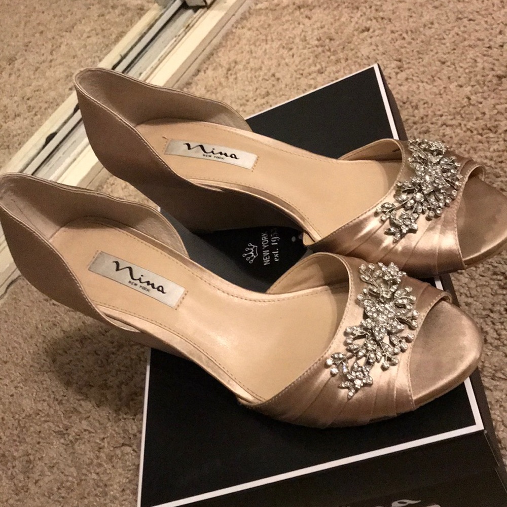 Nina NY Satin & Rhinestone Formal Wedge Heel